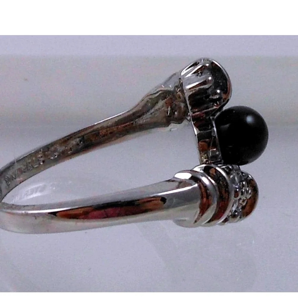 Vintage 90s Black Onyx Bead Bypass Ring 925 Sterling Silver CZ‎ Size 8 15mm Wide